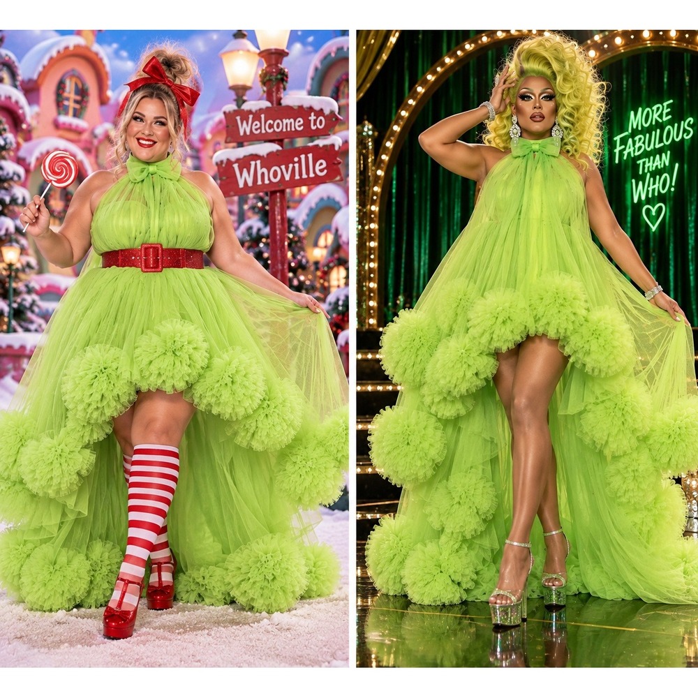Neon Green Tulle Gown Plus Size Drag Queen Whoville Grinch Christmas Costume